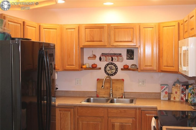 kitchen featuring black fridge and sink