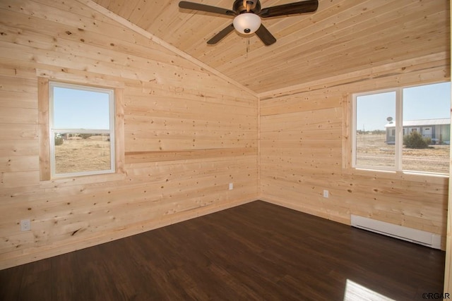 spare room featuring dark wood-type flooring, vaulted ceiling, wooden walls, a baseboard radiator, and wooden ceiling