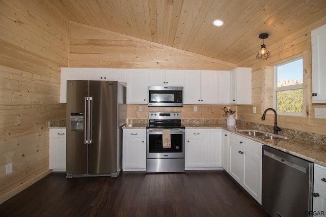 kitchen with pendant lighting, sink, vaulted ceiling, and stainless steel appliances