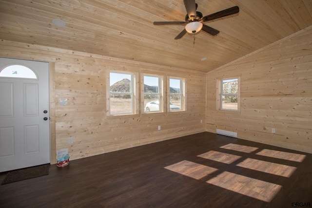 entryway featuring wood ceiling, wooden walls, lofted ceiling, and dark hardwood / wood-style floors