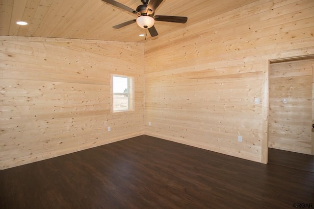 empty room with dark hardwood / wood-style flooring, lofted ceiling, wooden walls, and wood ceiling