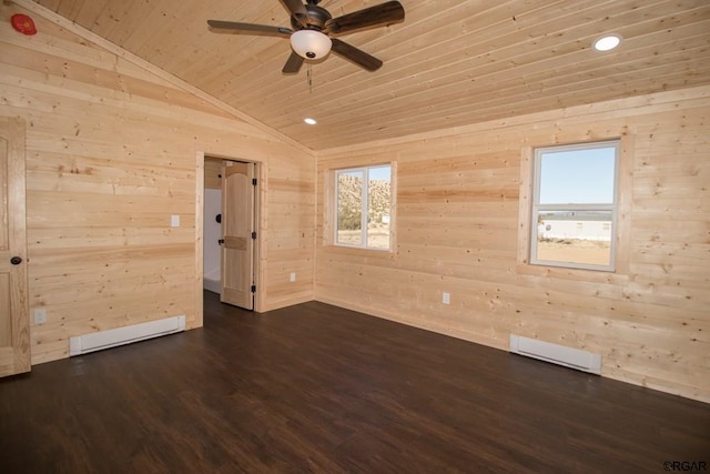 unfurnished room featuring vaulted ceiling, wooden ceiling, wooden walls, and baseboard heating