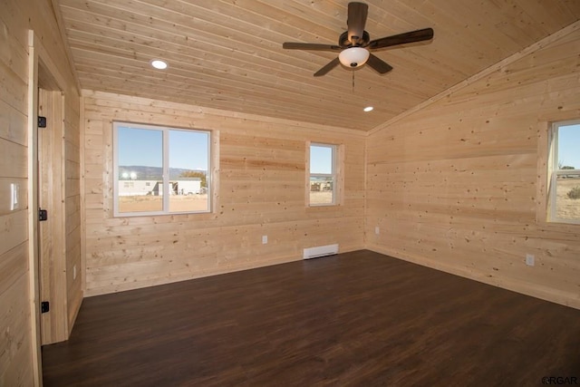 unfurnished room featuring wood ceiling, vaulted ceiling, dark hardwood / wood-style floors, and wooden walls