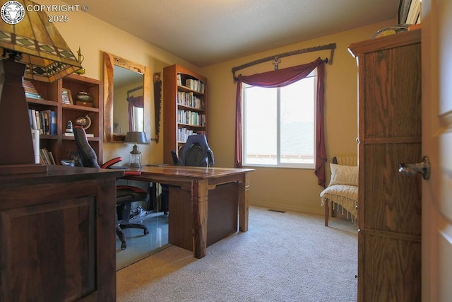 office space with light carpet and baseboards