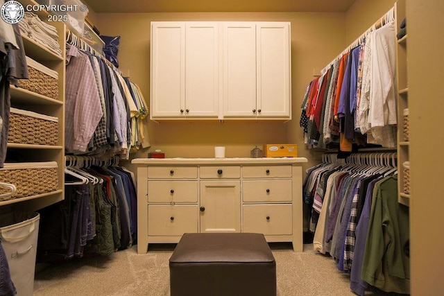 walk in closet featuring light carpet