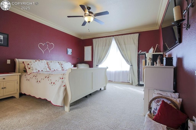 bedroom with light carpet, a ceiling fan, and crown molding