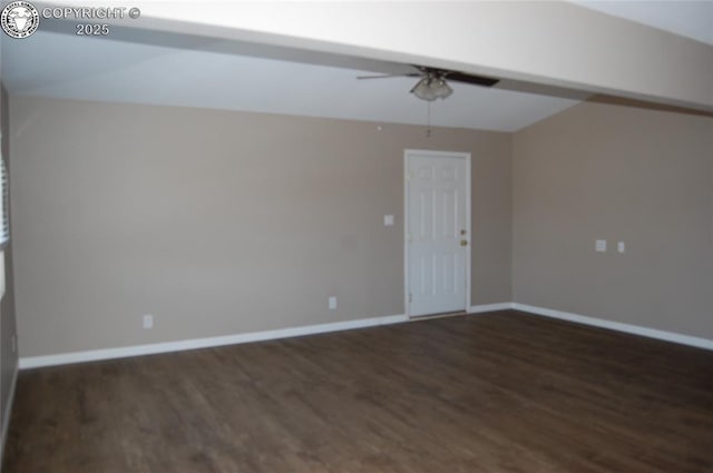 empty room with dark hardwood / wood-style floors and ceiling fan