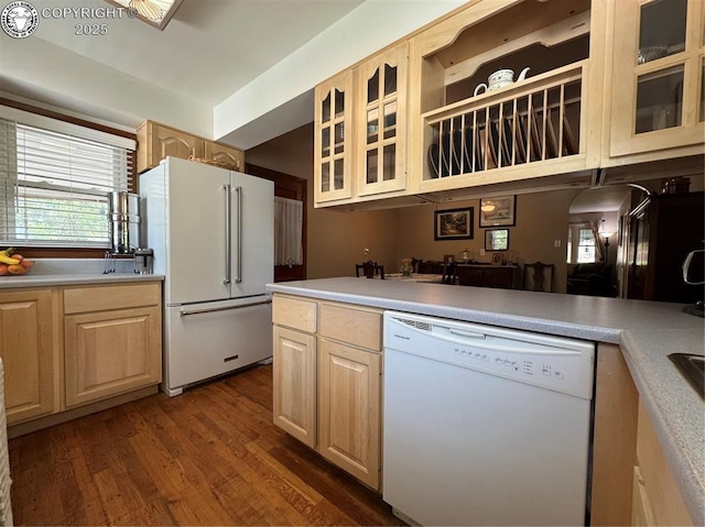 1230 N 6th St, Canon City, CO 81212 - kitchen featuring white appliances, light brown cabinets, dark wood-style flooring, and light countertops