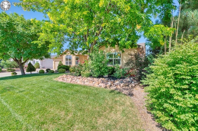 355 Antero Dr, Canon City, CO 81212 - obstructed view of property featuring a front lawn, stucco siding, and a garage