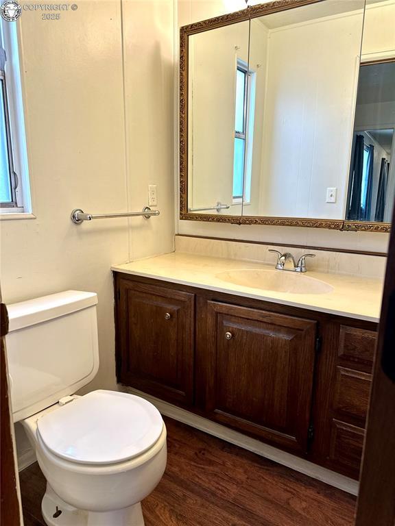 bathroom featuring toilet, wood finished floors, and vanity