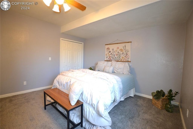 bedroom with carpet, ceiling fan, and a closet