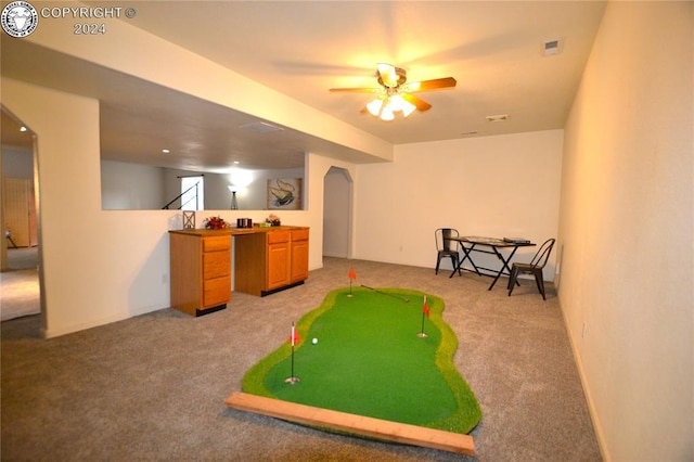 playroom featuring carpet floors and ceiling fan