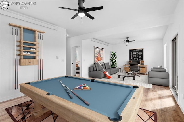 game room with hardwood / wood-style flooring, ceiling fan, and billiards