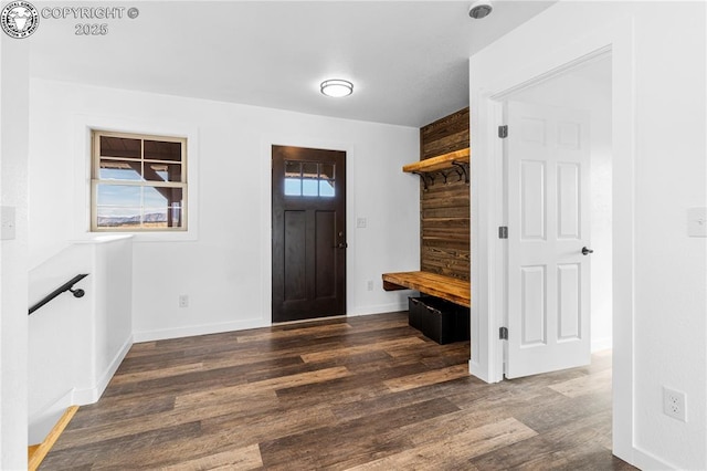 mudroom with plenty of natural light, dark hardwood / wood-style floors, and wood walls