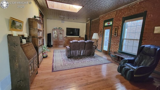120 E Main St, Florence, CO 81226 - living area featuring track lighting, brick wall, a skylight, and light wood-style flooring