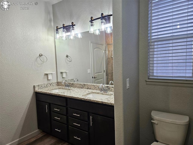 bathroom featuring vanity, toilet, and hardwood / wood-style floors