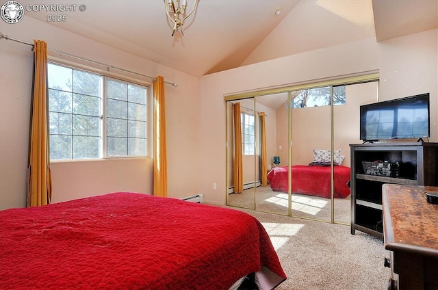 carpeted bedroom featuring vaulted ceiling, a closet, and a baseboard radiator