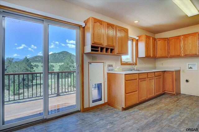 kitchen with a mountain view, sink, a healthy amount of sunlight, and light wood-type flooring