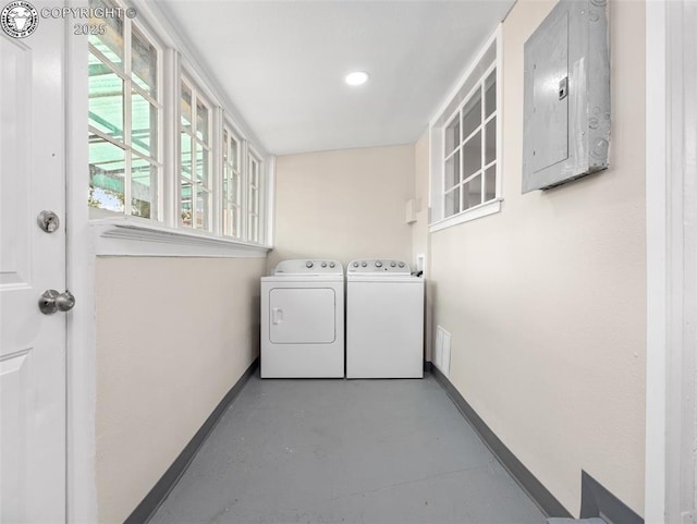932 Elm St, Pueblo, CO 81004 - washroom featuring electric panel, separate washer and dryer, baseboards, and recessed lighting