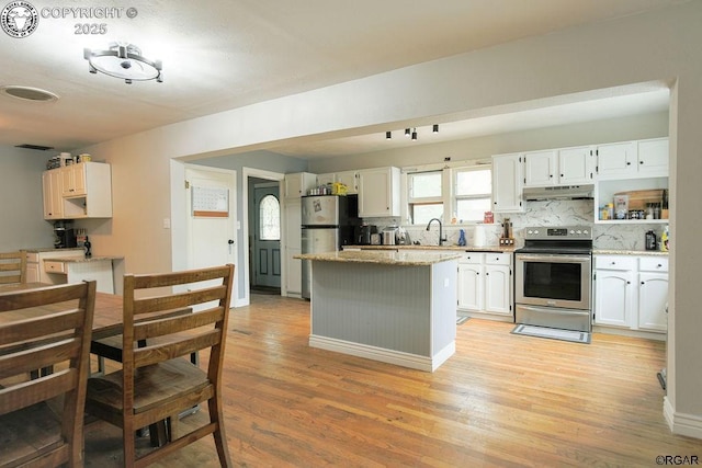 kitchen featuring sink, white cabinets, decorative backsplash, stainless steel appliances, and light wood-type flooring