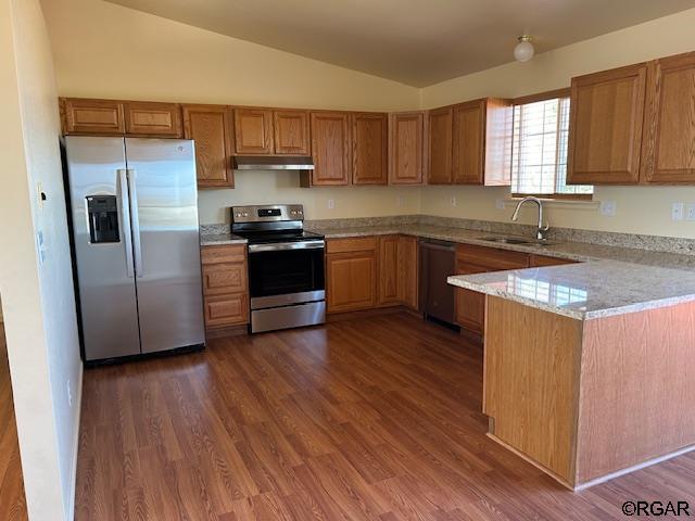 kitchen with appliances with stainless steel finishes, sink, lofted ceiling, and dark hardwood / wood-style floors