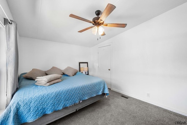 carpeted bedroom with lofted ceiling and ceiling fan