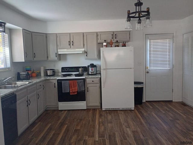 kitchen with dark hardwood / wood-style floors, dishwasher, sink, white fridge, and electric stove