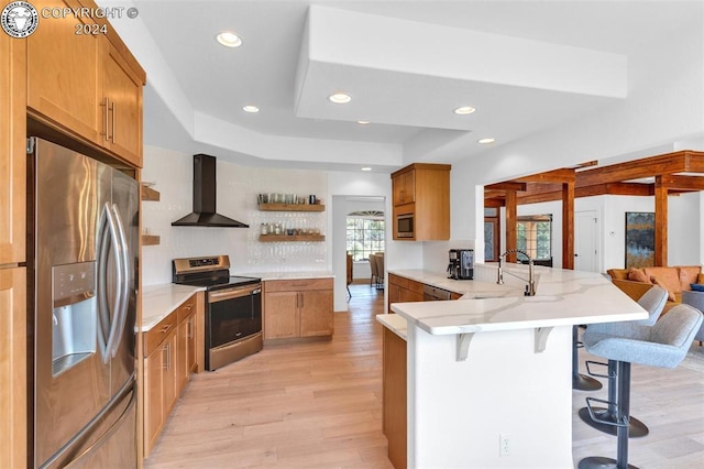 kitchen with appliances with stainless steel finishes, sink, a breakfast bar area, kitchen peninsula, and wall chimney range hood