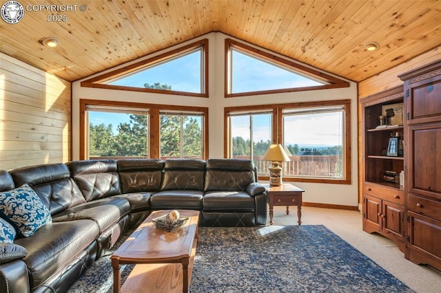 living room with wood ceiling, light carpet, vaulted ceiling, and wood walls