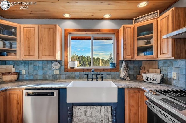 kitchen featuring recessed lighting, a sink, appliances with stainless steel finishes, decorative backsplash, and glass insert cabinets