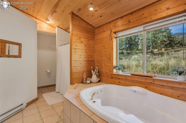 full bath with lofted ceiling, a baseboard heating unit, wood ceiling, tile patterned flooring, and a bath