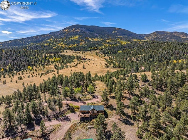 bird's eye view with a forest view and a mountain view