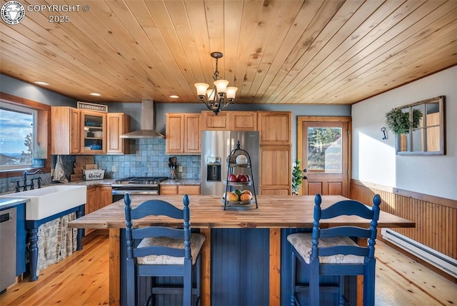 kitchen featuring wooden ceiling, light wood-style flooring, stainless steel appliances, wainscoting, and wall chimney exhaust hood