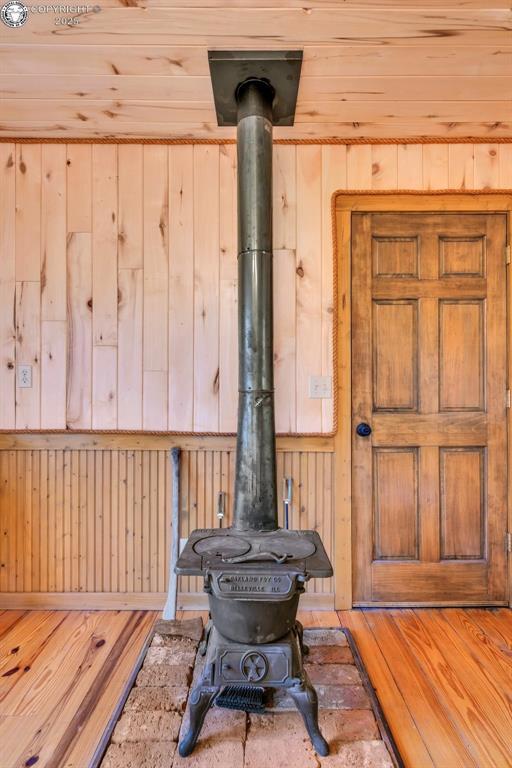 room details featuring a wood stove and wooden walls