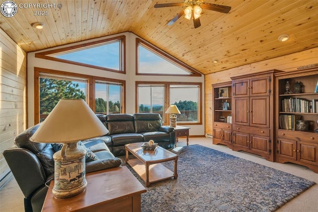 living area with light carpet, a baseboard heating unit, wood walls, and wood ceiling