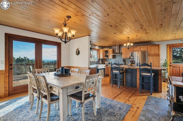 dining space with wainscoting, light wood finished floors, wooden ceiling, and an inviting chandelier