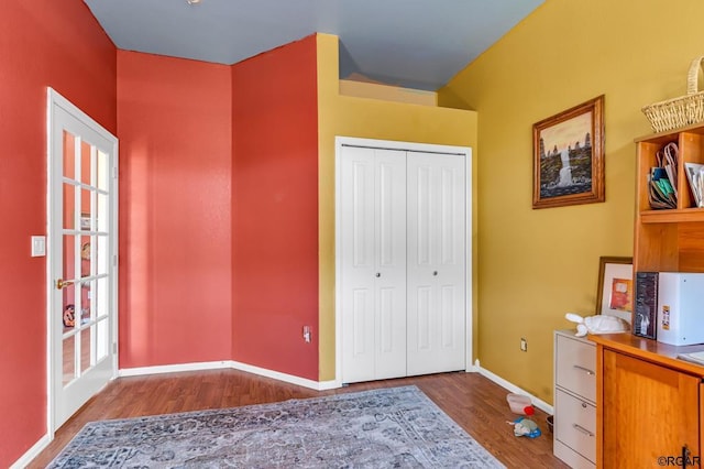 bedroom featuring multiple windows, dark wood-type flooring, and a closet