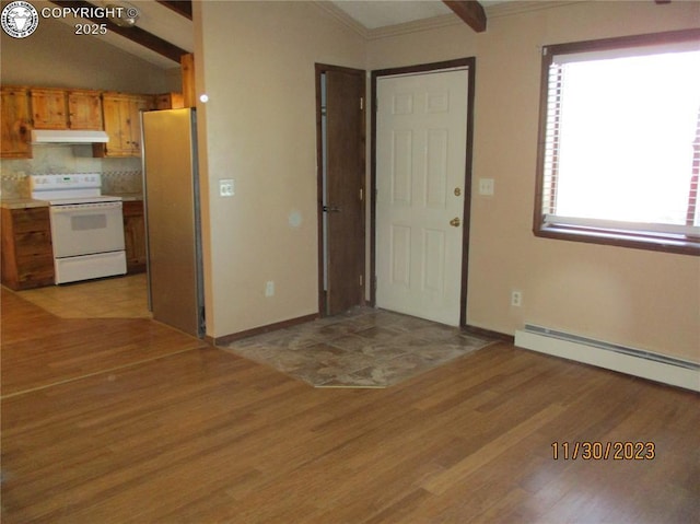 910 Allison Ave Unit A & B, Canon City, CO 81212 - kitchen with white range with electric stovetop, under cabinet range hood, brown cabinetry, light wood-style flooring, and a baseboard radiator