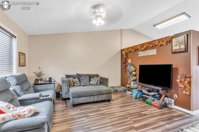 723 Griffin Ave, Canon City, CO 81212 - living room with a ceiling fan, wood finished floors, and vaulted ceiling