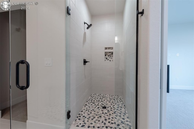 bathroom featuring a shower with shower door