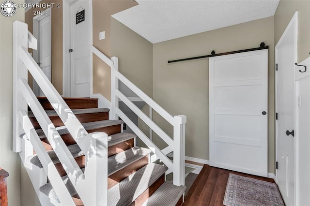 foyer with dark hardwood / wood-style floors and a barn door