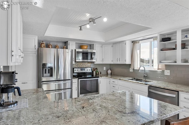 kitchen featuring sink, stainless steel appliances, a raised ceiling, and white cabinets