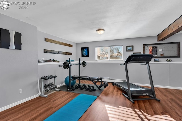 workout room with wood-type flooring