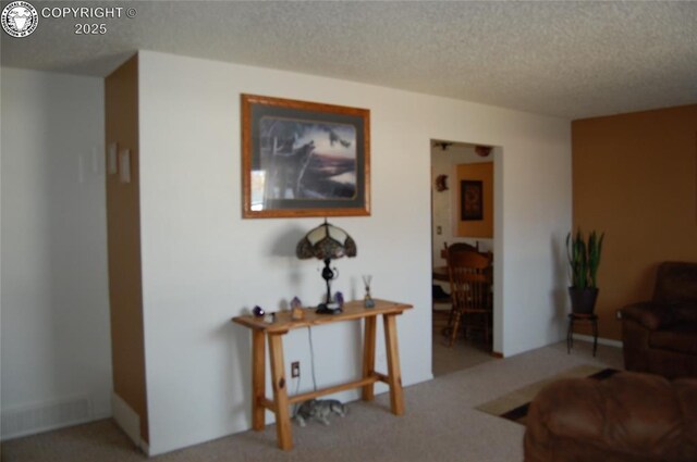 living room with light carpet and a textured ceiling