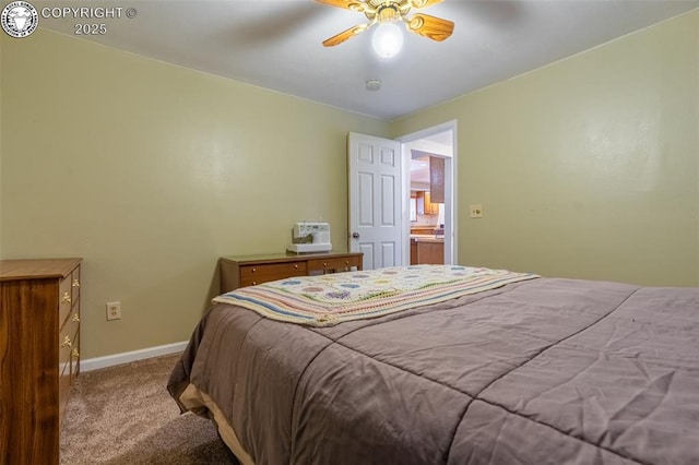 bedroom featuring light carpet and ceiling fan