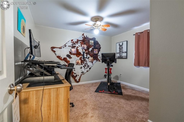 workout room featuring carpet flooring and ceiling fan