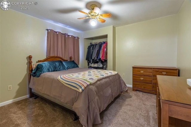 bedroom featuring light carpet, a closet, and ceiling fan