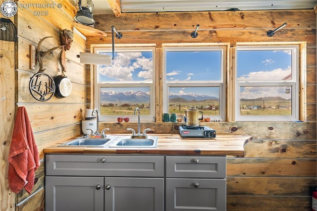 bathroom with vanity, a mountain view, and wood walls