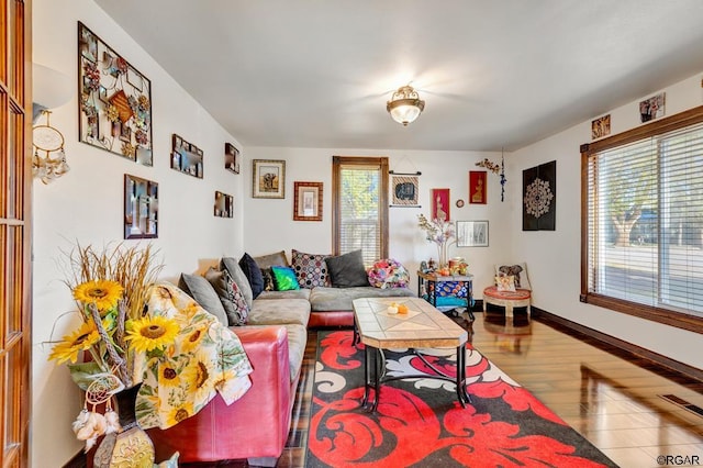 living room with a wealth of natural light and hardwood / wood-style floors