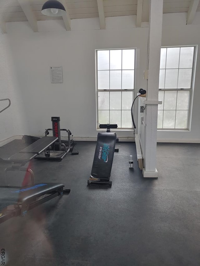 workout area featuring a wealth of natural light and wood ceiling